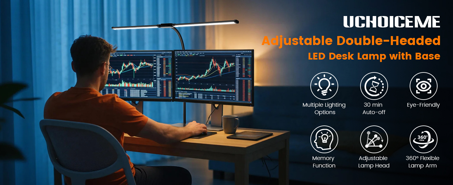 LED Desk Lamp with Base, Double Head Smart Desk Light with Controller Table Lamp for Home Office