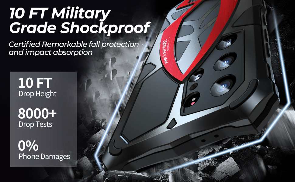 Military-grade phone case advertisement showing 10ft drop protection, 8000+ drop tests, and 0% phone damage statistics with black and red design.