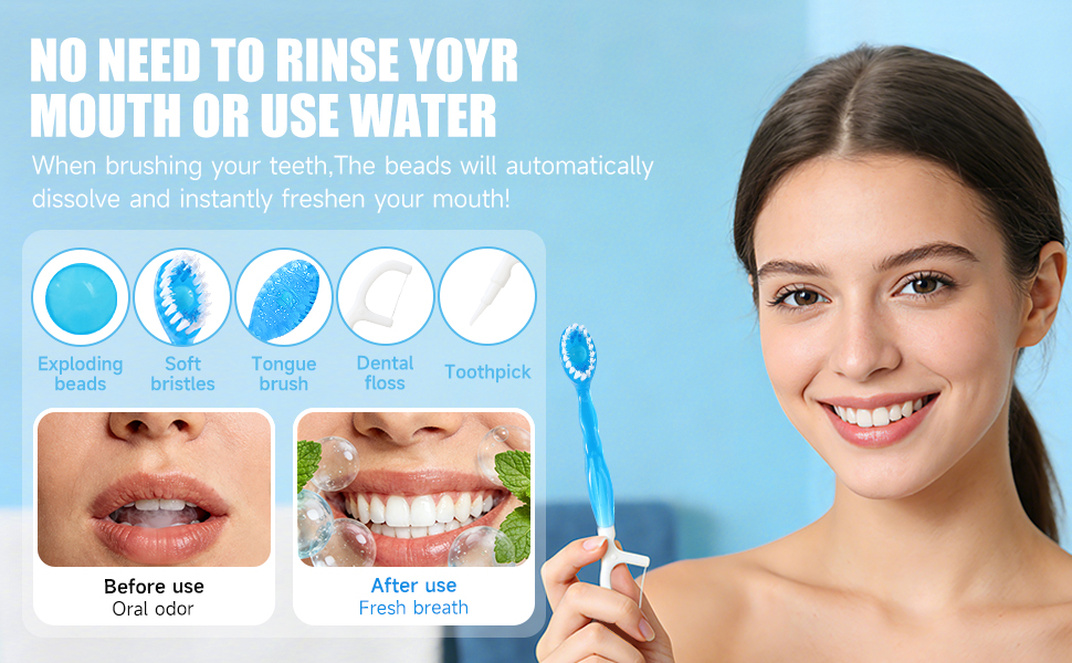 integrating toothbrush, toothpaste beads, dental floss, toothpick, and tong