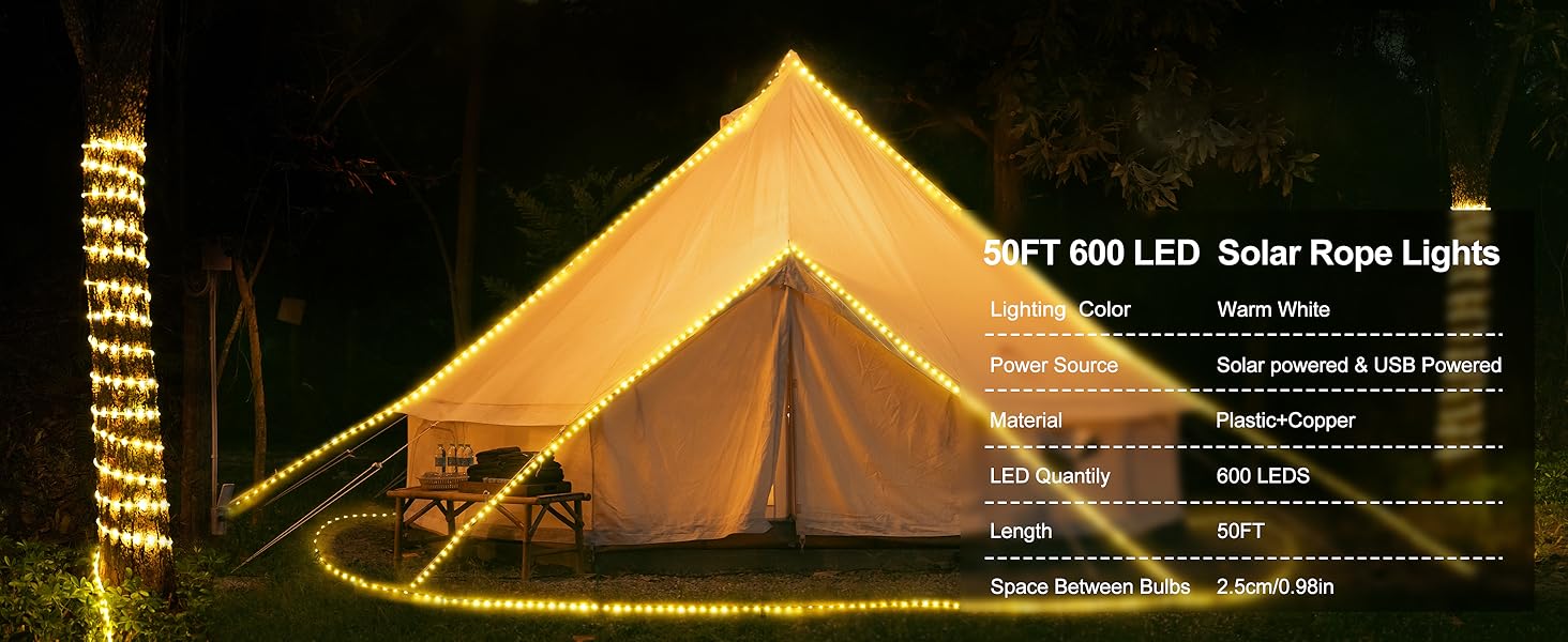 50FT 600 LED Solar Rope Lights