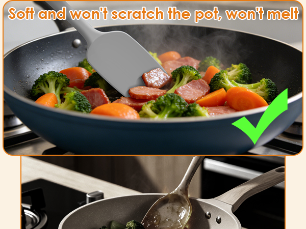 Silicone spatula stirs food without scratching non-stick pans, safe vs metal utensils