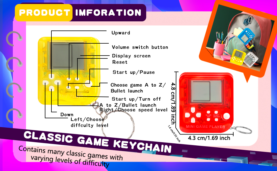 The size of this video game keychain is approximately 1.69 x 1.89 x 0.55 inch/ 4.3 x 4.8 x 1.4 cm