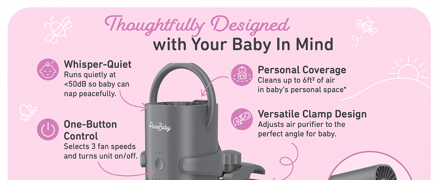 purebaby, air purifier, baby air purifier, small air purifier, air purifier with clamp, clean air