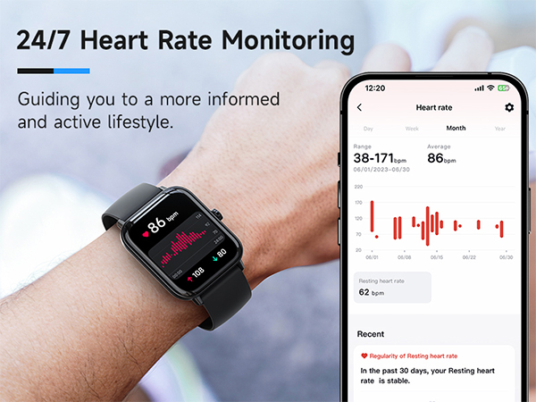 1.8&amp;#34; Smartwatch with Heart Rate/SpO2/Sleep/Stress, IP68 Waterproof Fitness Tracker