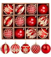 EveryMerry 12-Pack 3.1 Inch Christmas Ornaments Set - Red &amp; Gold Ornament Balls with 5 Various De...
