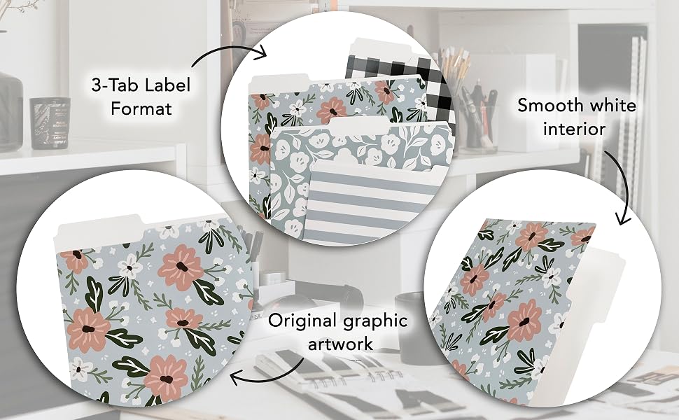 file folder features - 3 tab labels, smooth white interior, original graphic artwork