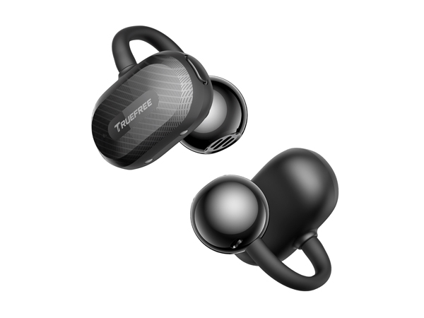 Two black wireless earbuds with ear hooks. One earbud shows a textured surface with 'Tronsmart' branding. Both feature a rounded design with silver accents on the speaker portion.