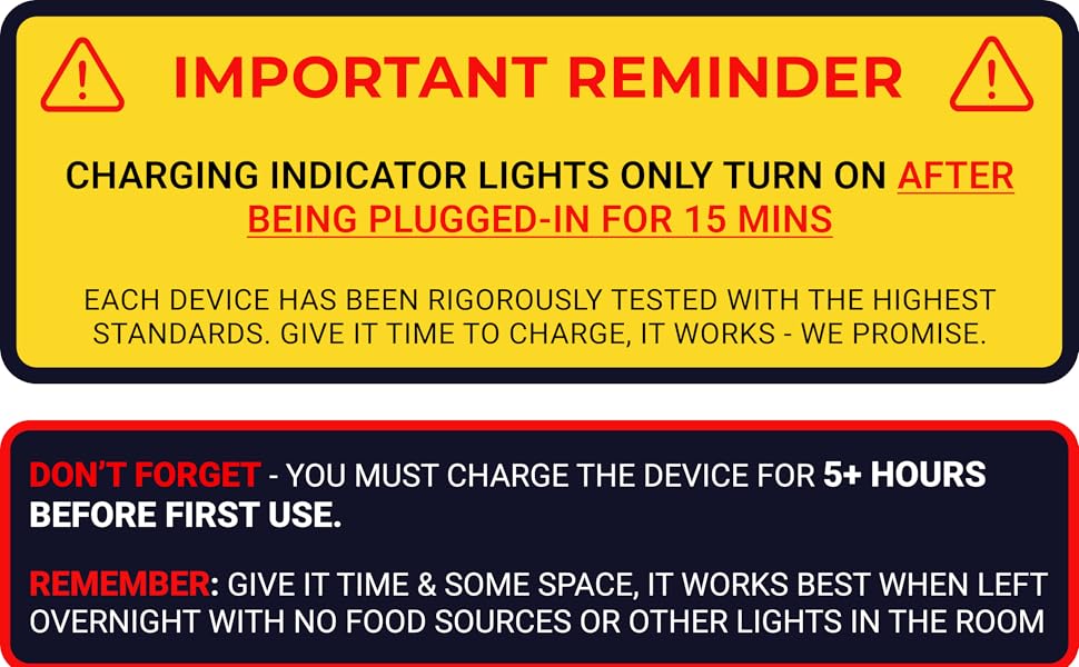 indoor gnats and fruit flies trap warning - charge device 15 mins before light appear