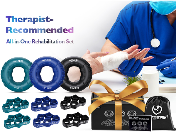 Text reads 'Therapist-' and 'Recommended'. Product showcase of blue and black therapeutic massage balls or rollers in various sizes and configurations.