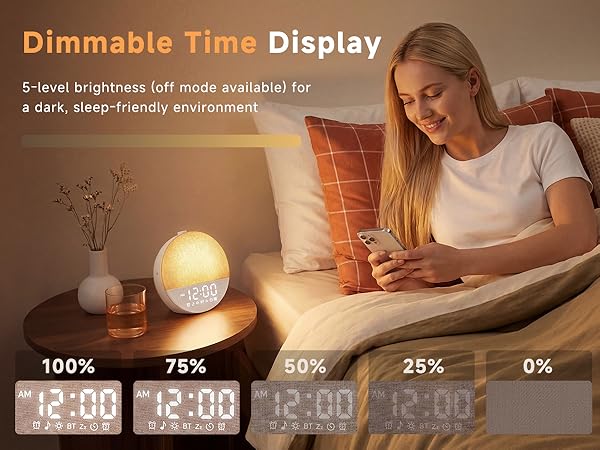 Dimmable Time Display,5-level brightness (off mode available) fora dark, sleep-friendly environment