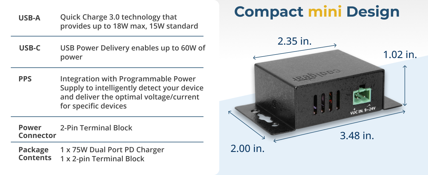 Small form factor metal USB charger with dimensions and 2-pin terminal power input