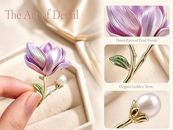 Enamel Magnolia Flower Brooch with Freshwater Pearl