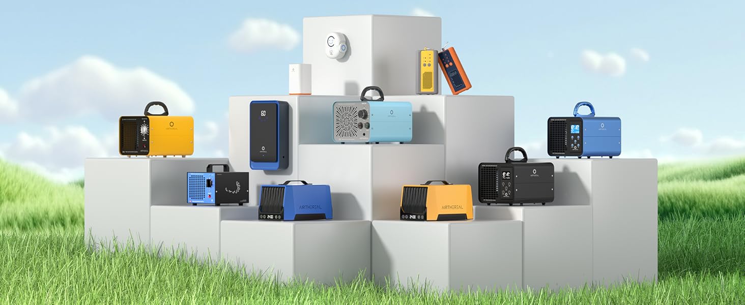 Display of phone cases arranged on white stepped platforms against a green grass background, showing various colors and styles.