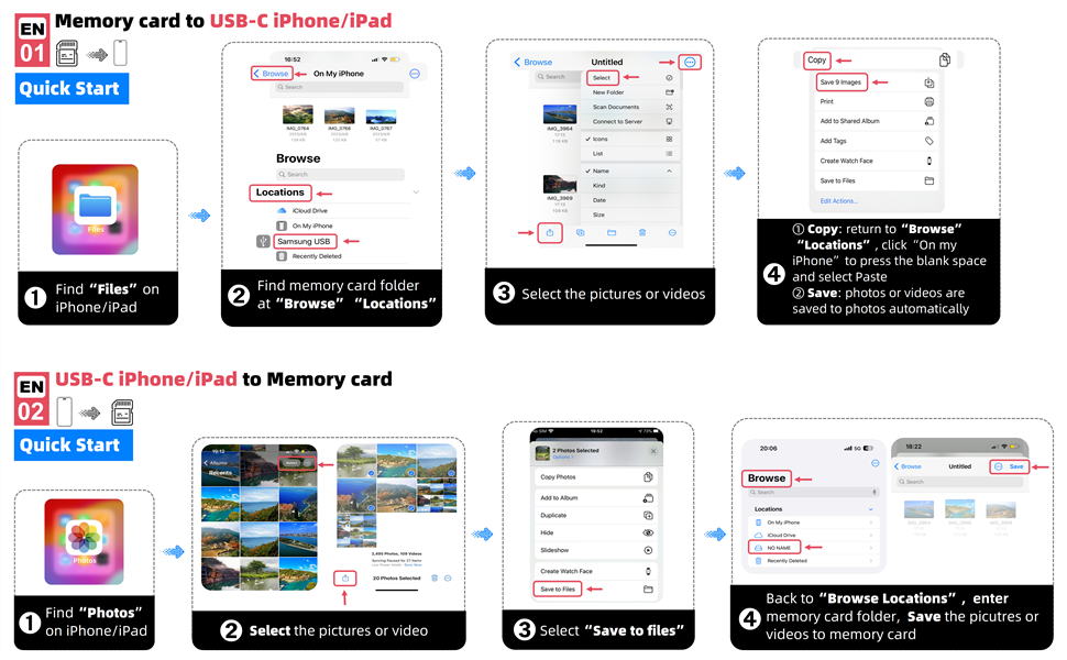 Instructional diagram showing steps to transfer files between memory card and iPhone/iPad using a USB-C adapter. Includes app interface screenshots and icons representing devices and actions.