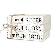 Decorative Books for Home Decor, Rustic Wood Book Stack for Table Decor, Our Life Our Story Our H...