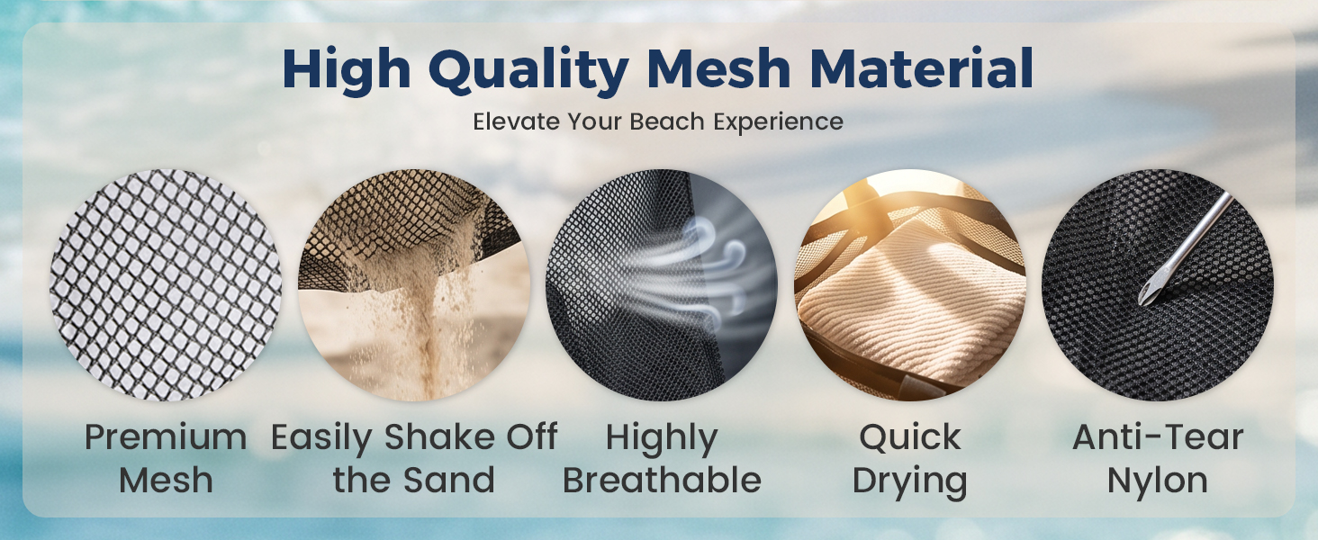 Text reads 'High Quality Mesh Material' with features listed: 'Premium Mesh', 'Easily Shake Off the Sand', 'Highly Breathable', 'Quick Drying', 'Anti-Tear Nylon'. Shows five mesh material texture samples.