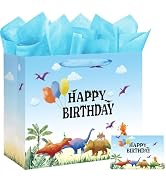 16.5" Extra Large Watercolor Dinosaur Birthday Gift Bag for Boy Kids with Card and Tissue Papers