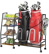Golf Bag Storage Rack for Garage with Wheels, Organizer for 2 Golf Bag and Equipment Accessories,...