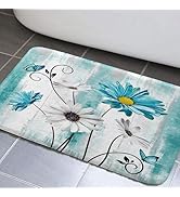 JAWO Teal Floral Bathroom Rugs, Rustic Farmhouse Floral Bath Mats Farm Style Daisy Butterfly on C...