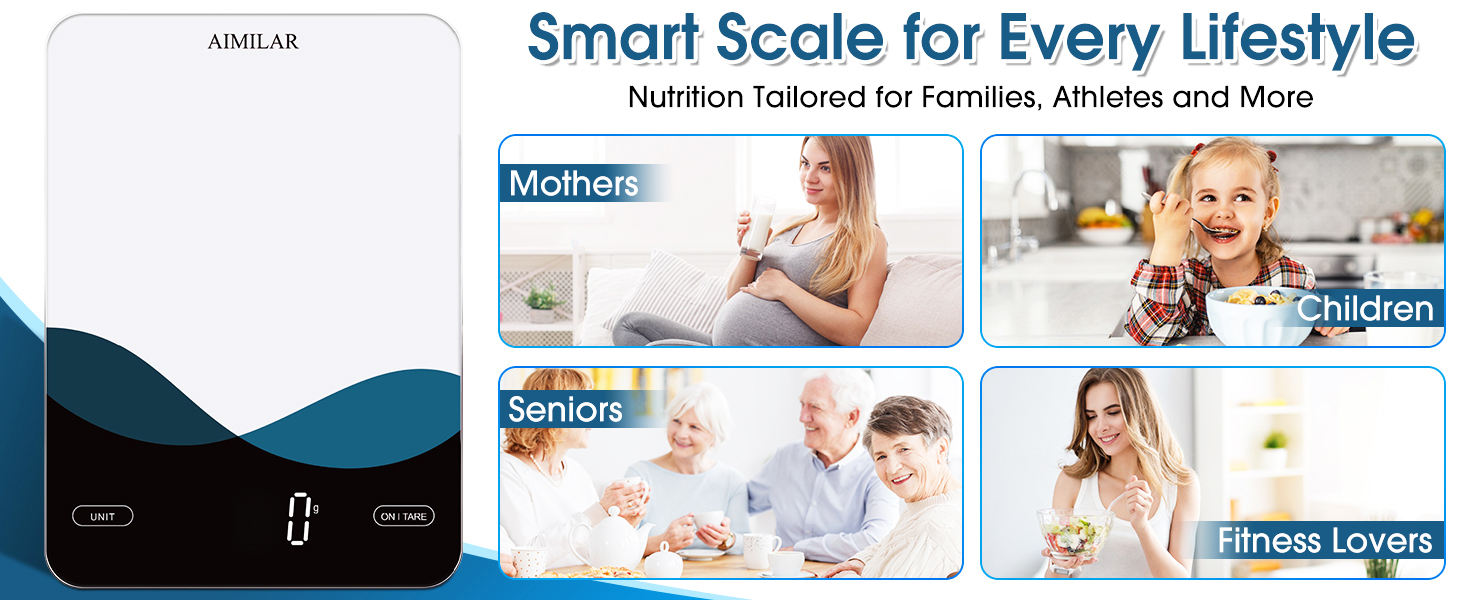Text reads 'Smart Scale for Every Lifestyle', 'Nutrition Tailored for Families, Athletes and More'. Digital scale product images showing various usage scenarios.
