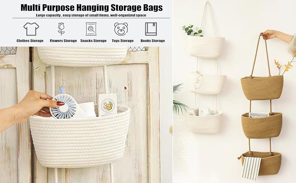 AARAINBOW Large Wall Hanger with 3 Baskets Decorative Door Storage Hanging wall baskets for nursery