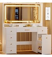 UPOSOJA 49.3“Large LED Mirror with Lights,Makeup Vanity Desk with 6 Drawers,Power Outlet,Glass Ta...