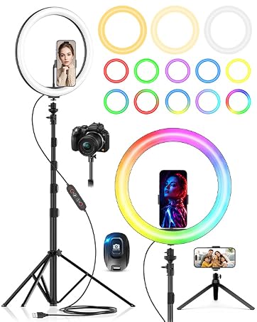 Ring light kit supports phone and camera filming with floor tripod, tabletop stand, and RGB modes