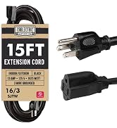 Cablectric Weatherproof Black Extension Cord 15 ft, 16/3 SJTW 15 Foot Outdoor Extension Cord 3 Pr...