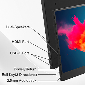 V15 portable monitor connection ports: one MINI-HDMI port, two USB Type-C ports, one headphone jack