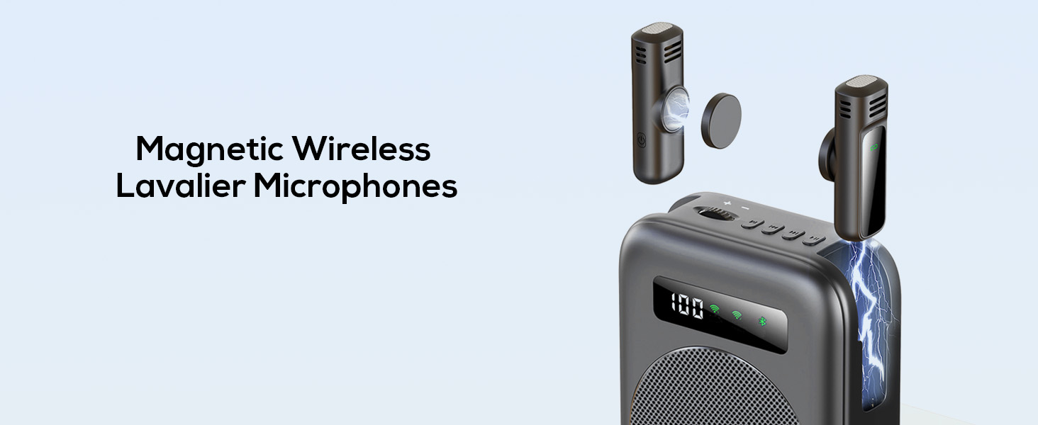 Text reads 'Magnetic Wireless Lavalier Microphones'. Multiple product views showing wireless microphone components and charging case in white.