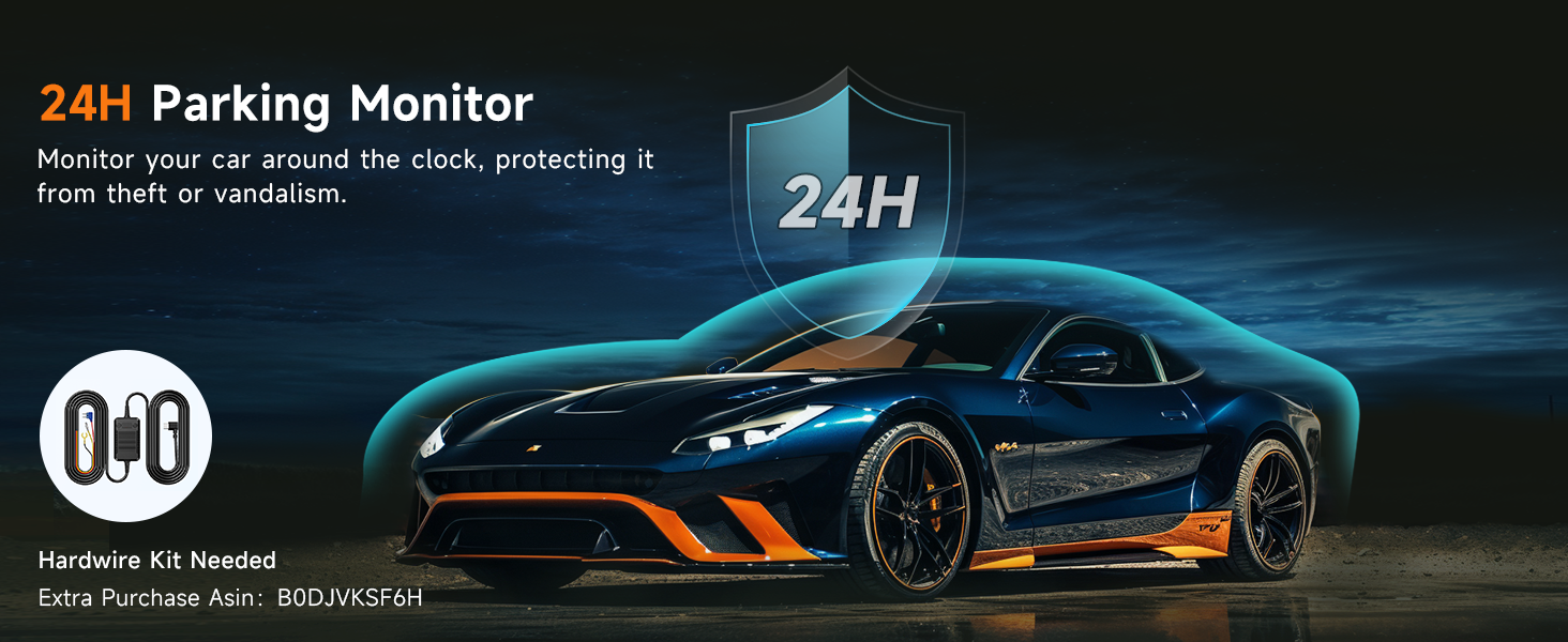 Text reads '24H Parking Monitor'. Marketing image showing blue sports car with orange accents against dark background with '24H' text overlay and technical interface elements.