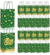 JarThenaAMCS 24Pcs Graduation Paper Bag Treat Bags with Handles Green Gold Congrats Grad Cap Cand...