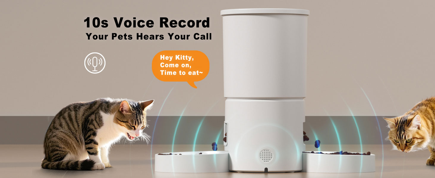 Text reads '10s Voice Record'. Smart pet feeder device shown in white, with digital display and multiple cats interacting with it in a home setting.