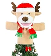 Reindeer Christmas Tree Topper, 11 Inch Plush Stuffed Deer Tree Topper with Red Santa Hat and Sca...