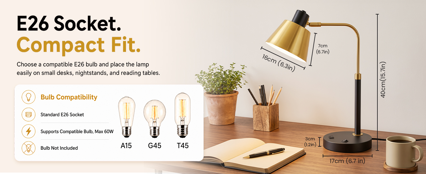 Metal desk lamp with standard E26 bulb socket and product size specifications