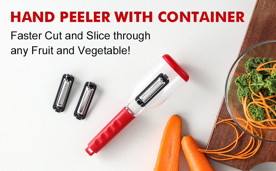 a peeler with a slice through it and carrots on a table.
