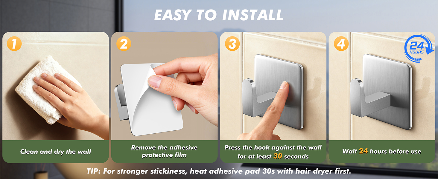 Easy installation steps: clean and dry wall, peel film, press firmly for 30 seconds, wait 24 hours