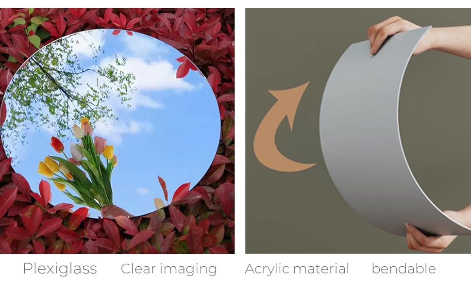 Four circular images showcasing a reflective material. Left image shows sky reflection. Right image demonstrates material's flexibility with a hand bending it.
