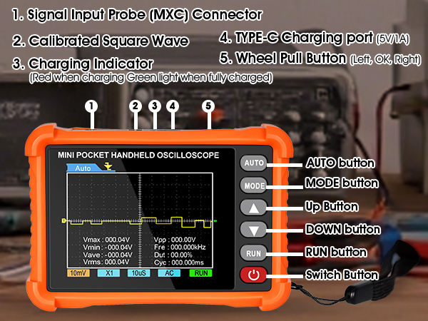 Orange and black digital measurement device with LCD screen displaying multiple input/output channels and control interface. Multiple connection ports visible on device.