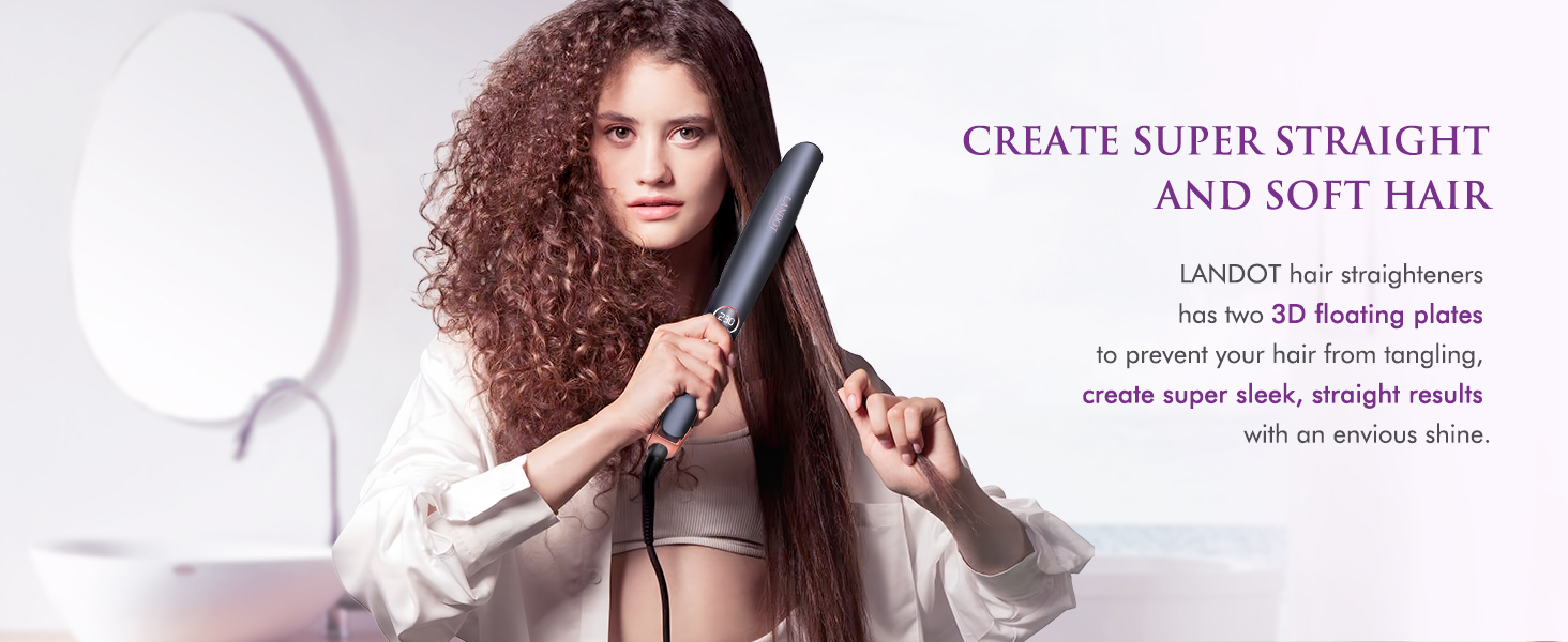 Hair straightener advertisement showing a person with curly hair using a flat iron. Text promotes creating super straight and soft hair.