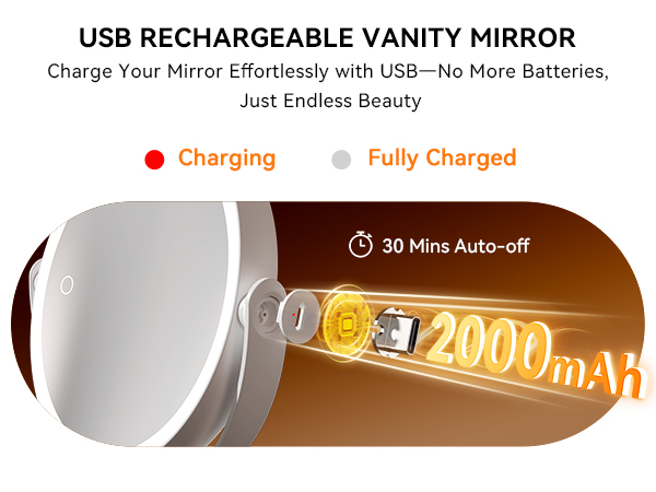 2000mAh rechargeable mirror, charging indicator light, 30 mins auto-off to save battery life