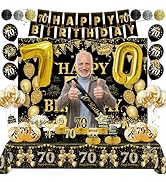 70th Birthday Decorations Men Women,52pcs Black and Gold Party Decorations with Happy Birthday Ba...
