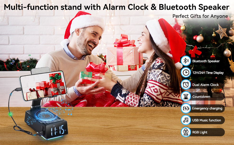 Cell Phone Stand with Wireless Bluetooth Speaker & Alarm Clock Birthday Gifts for Men Women