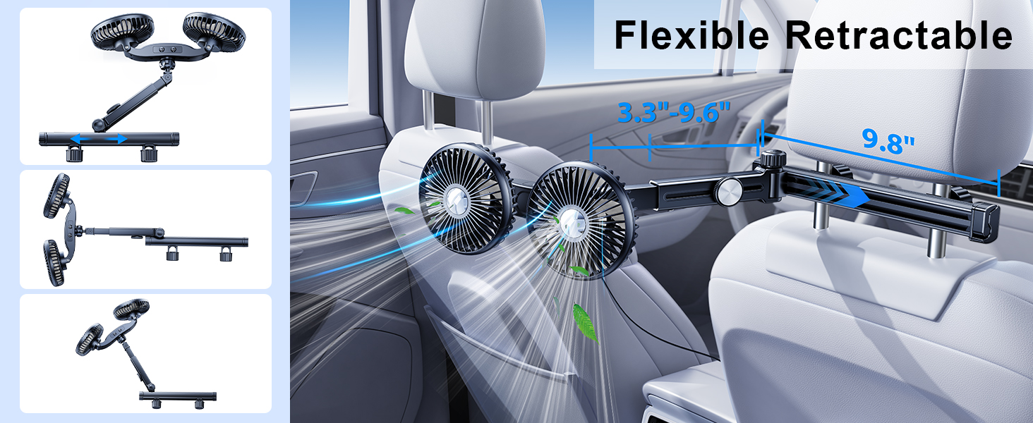 Nauttxon 5V USB Car Fan for Back Seat with Retractable Long Arm, [Gifted Car Charger*1]