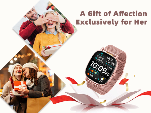 Text reads 'A Gift of Affection' and 'Exclusively for Her'. Product collage featuring smartwatch and lifestyle images arranged with red ribbon design elements on white background.