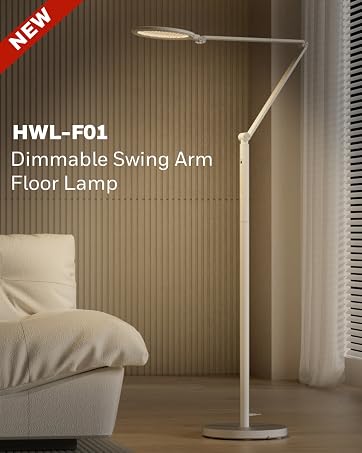 White floor lamp with adjustable arm and head, labeled as 'HWL-F01 Dimmable Swing Arm Floor Lamp'. Shown in a bedroom setting next to a bed.