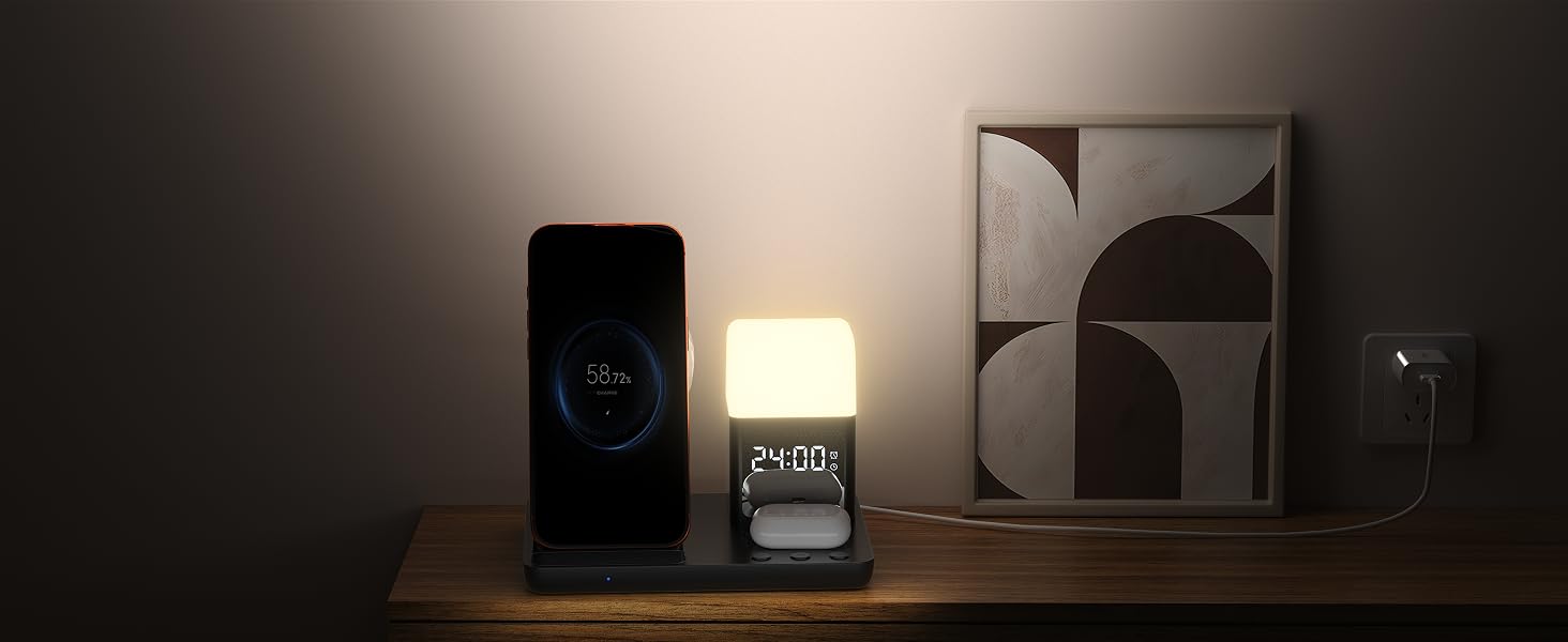 Wireless Charger for iPhone, 6in1 Fast Phone Charger Stand Dock Alarm Clock Night Light