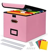 DECOSIS File Organizer Box with 5 Hanging Folders &amp; Plastic Slide, Collapsible Linen File Box wit...
