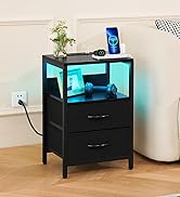 Yoobure Nightstand with Charging Station, LED Night Stand with Fabric Drawers and Storage Shelf f...
