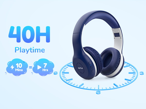 Wireless over-ear headphones in navy blue and white. Graphic shows 40H playtime, with 10 minutes charging equaling 7 hours use, displayed on a clock face.